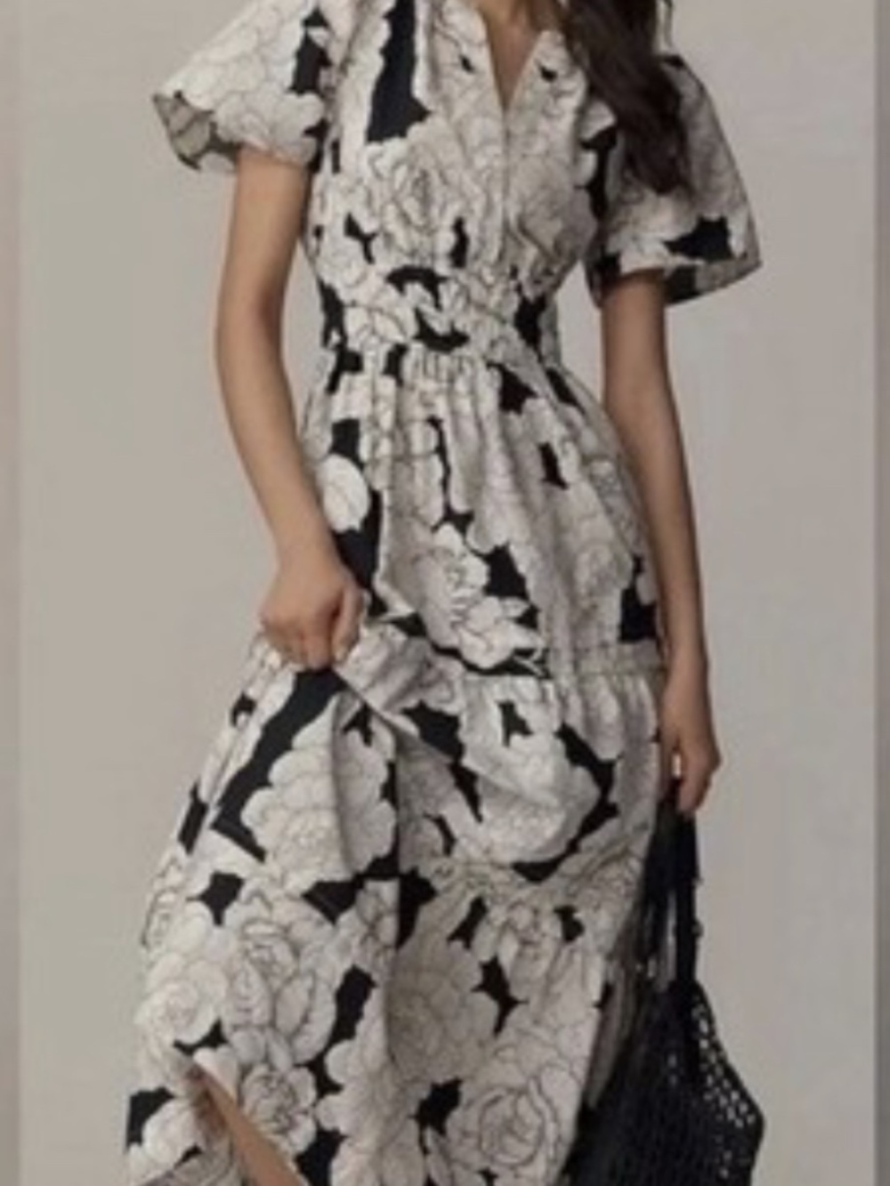 Anthropologie Somerset Tiered Maxi Dress Cotton Black White Peony Flora Size S